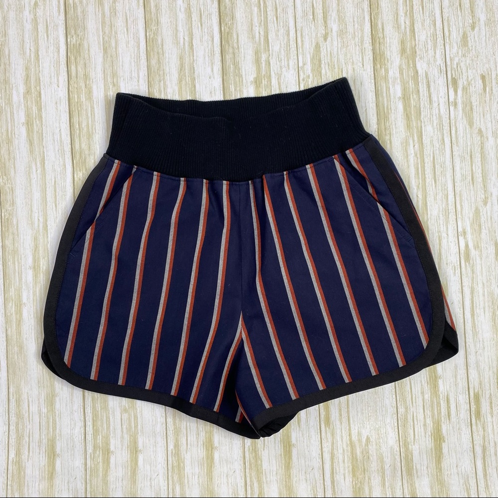 Sacai Blue & Red Striped High Rise Pull On Shorts